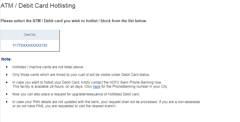 HDFC Debit Card Block