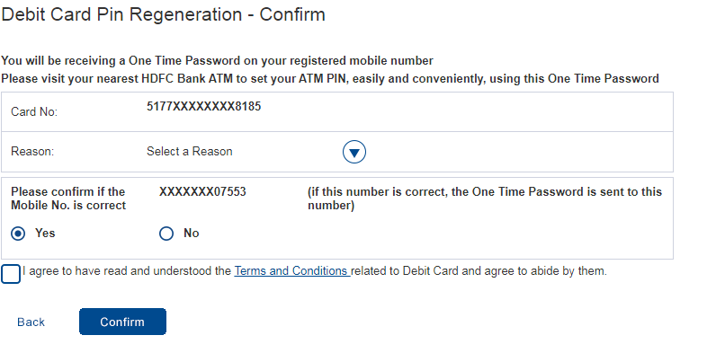 HDFC Debit Card Pin Generate